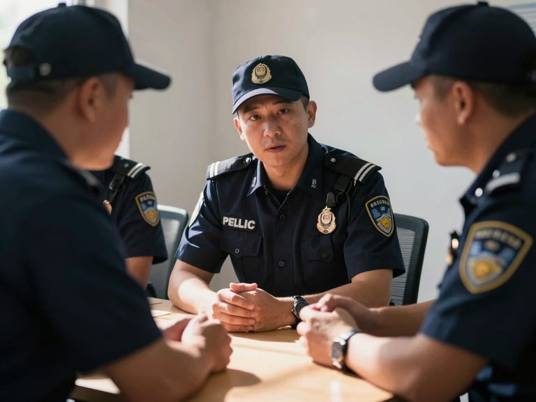 Medium-close action shot of a public safety team in uniform discussing strategy around a table, high-contrast natural light, sharp focus, 35mm lens.