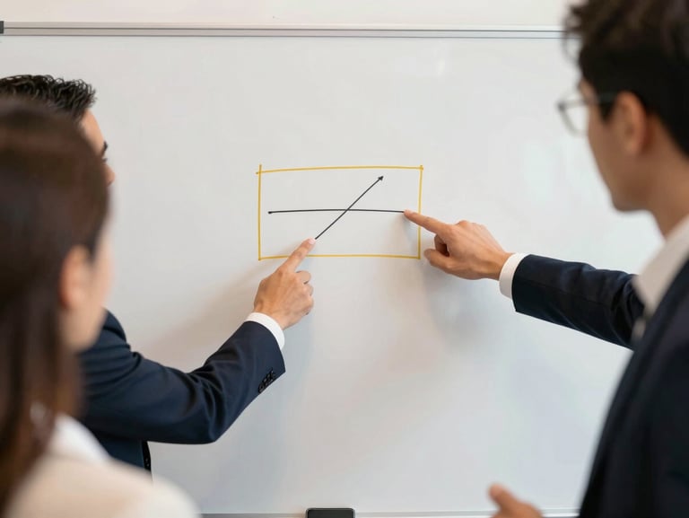 Medium-close action shot of diverse corporate professionals collaborating around a whiteboard, hands pointing at strategy, warm gold accents, sharp focus.