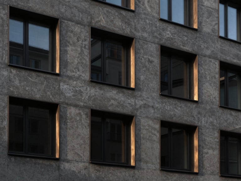 Minimalist architectural facade of a modern residential building in Zurich, dark concrete, elegant bronze window frames, dramatic chiaroscuro lighting, landscape aspect