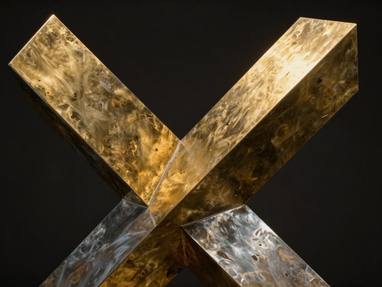 Abstract geometric sculpture of brass and steel plates intersecting, dark background, precise spotlight highlight reflecting gold tones, landscape aspect