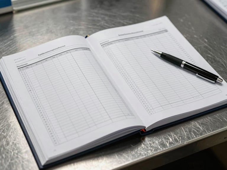 Close-up of an open compliance binder on a stainless steel surface showing printed temperature log sheets with dated entries, a pen resting alongside, bright even overhead lighting, no faces