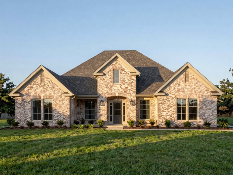Clean architectural exterior of a single-story brick home in Spring, Texas, manicured green lawn, soft golden hour sun, wide-angle lens.