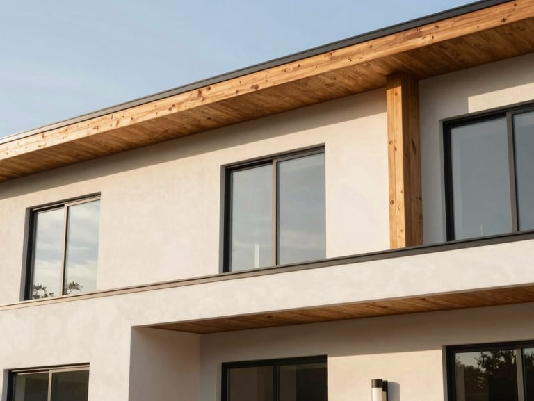 Architectural detail of a modern home facade in The Woodlands, clean lines, warm cedar accents, soft morning light, sharp focus.