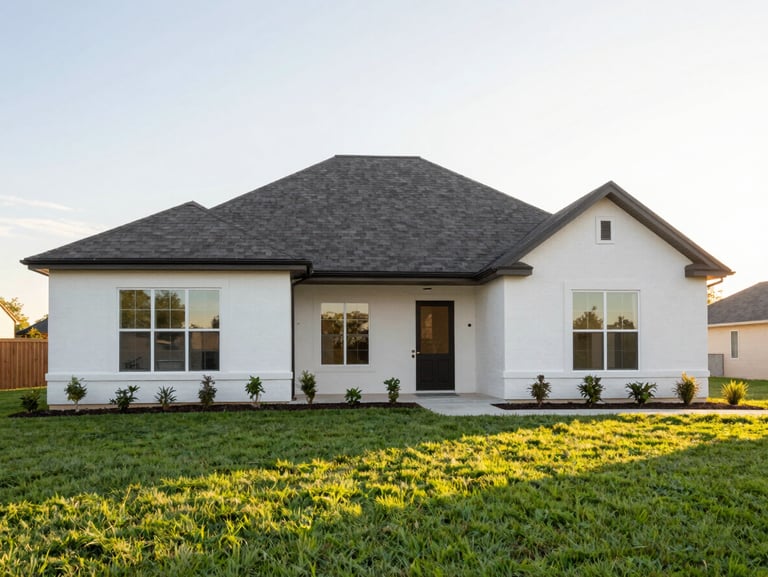 Clean architectural exterior of a modern suburban home in Spring, Texas, manicured green lawn, soft golden hour sun