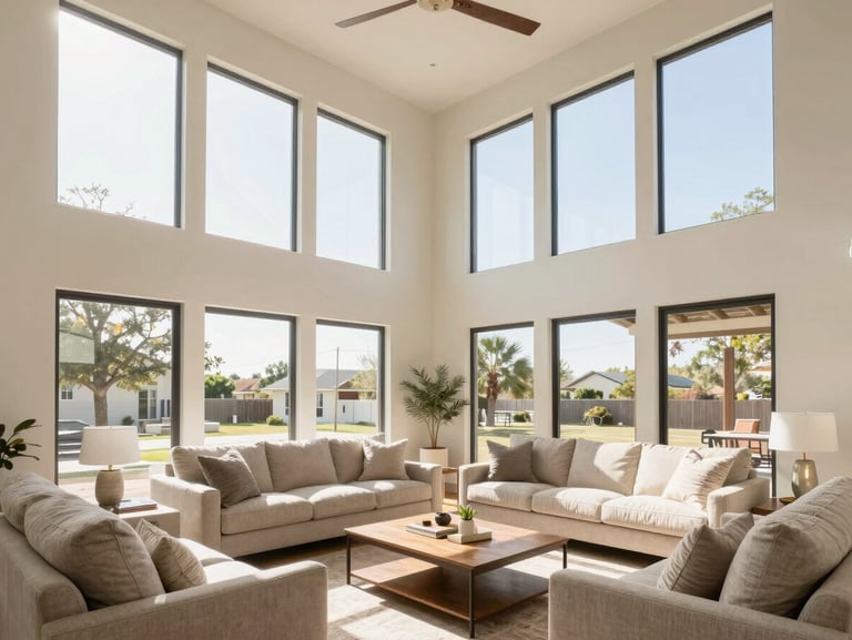 Bright airy interior of a modern home living room with high ceilings, large windows, warm Texas sunlight, neutral decor