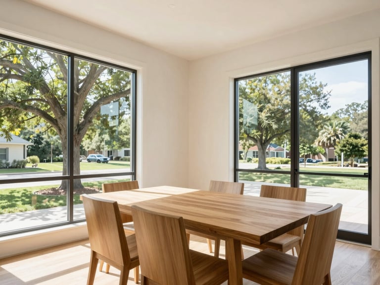 Bright interior of a modern dining space in Conroe, Texas, minimalist wooden table, large windows showing green trees, natural daylight.