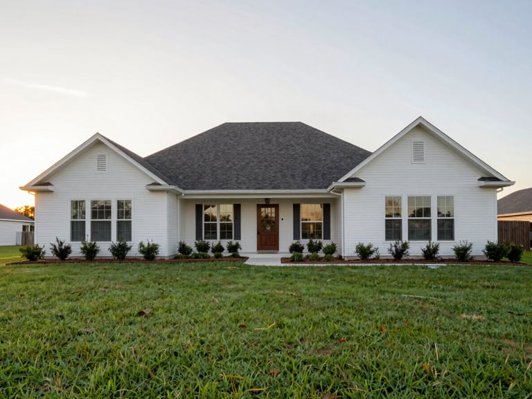 Clean architectural exterior of a renovated suburban home in Spring, Texas, manicured green lawn, soft golden hour sun, wide-angle lens.