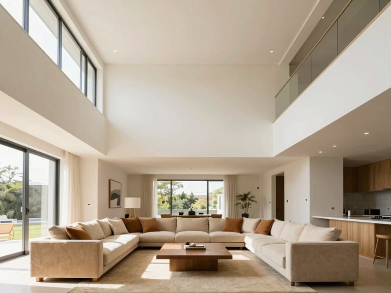 Straight-on architectural shot of a bright modern living room with high ceilings, warm sand accents, natural daylight, sharp focus.