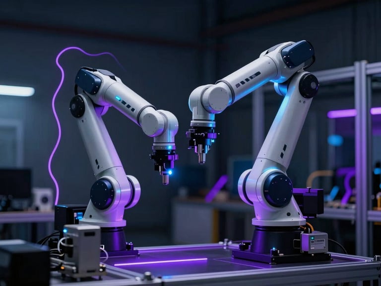 Clean automated robotic arm in a high-tech logistics hub, soft violet light trails, dark moody atmosphere