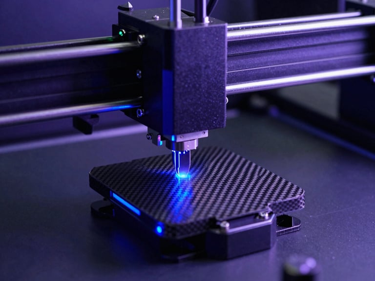 High-precision industrial 3D printer extruding carbon fiber with sharp blue LED highlights reflecting off metallic surfaces