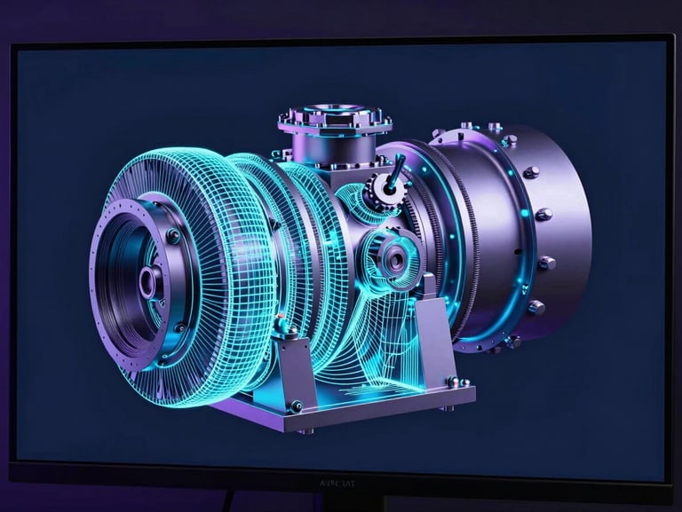 Detailed CAD model of an industrial turbine on a high-end monitor, structural topology optimization lines glowing in neon cyan