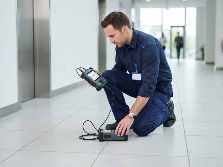 Clean high-tech commercial photography of a professional technician in a neat blue uniform operating an acoustic water leak detector on a clean tiled floor, bright white daylight, sharp focus, 35mm