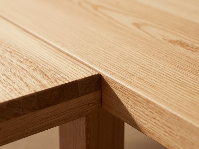 Tight macro shot of a flawless mortise and tenon joint on a white oak table, showing the precise alignment of the wood grains, 35mm