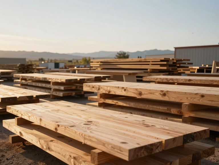Wide shot of the sunlit Alpenglow workshop in Murray, Utah, with stacks of raw timber slabs and finished tables catching low-angle golden-hour light, 35mm