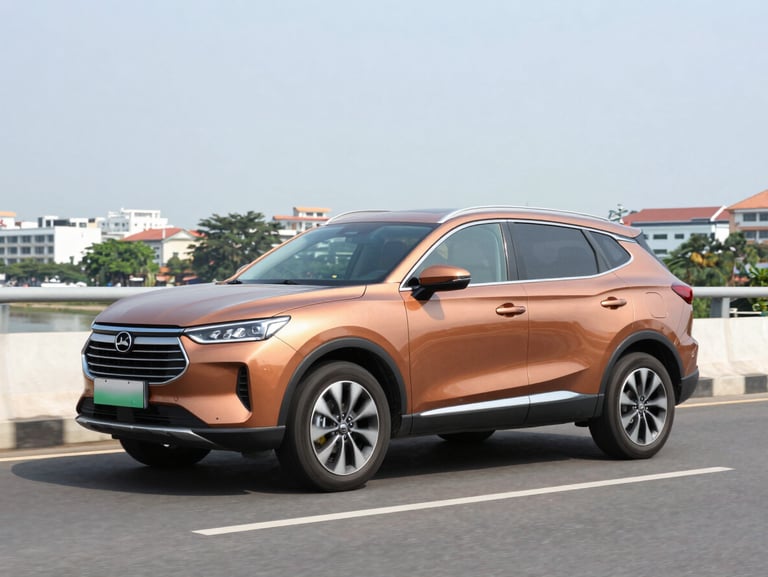 Vibrant daylight photo of a modern bronze SUV driving on Can Tho bridge, clean vehicle exterior, 35mm lens, sharp focus