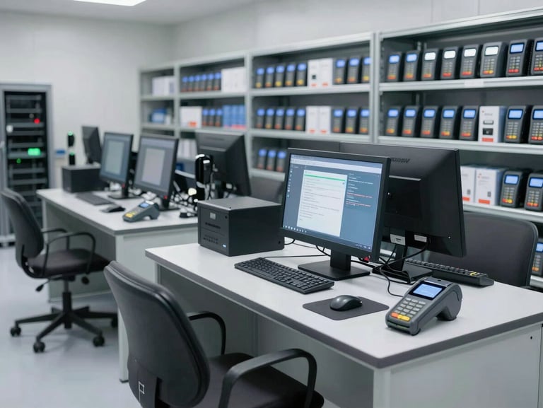Interior of a clean, organized IT logistics center with technician stations, modern diagnostic equipment, and shelves of boxed payment terminals.