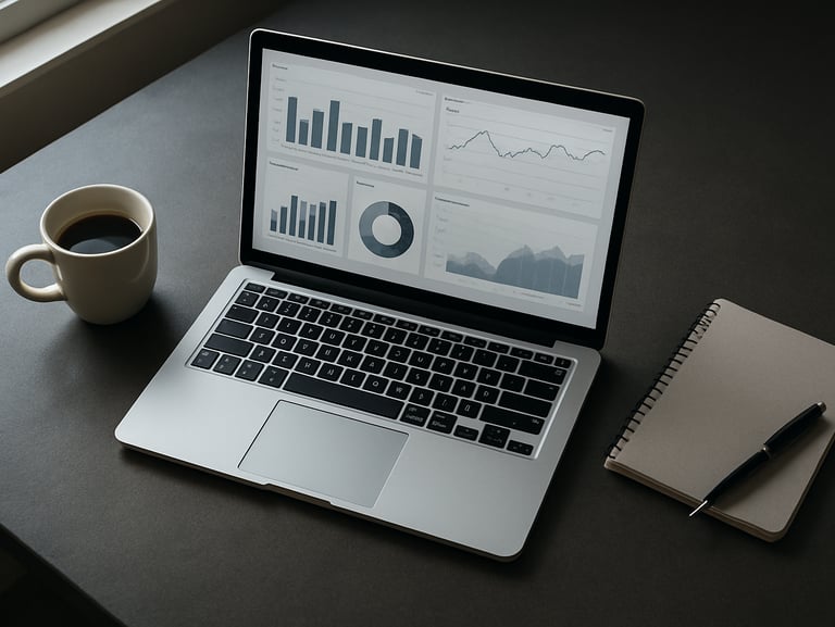 Overhead shot of a desk with a laptop showing a dashboard interface with data charts and clean grid layout, natural window light from the left, matte surface texture