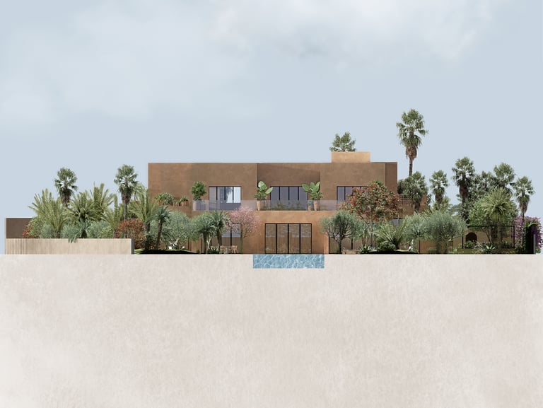 Modern luxury villa rendering with swimming pool, lush palm trees, and Mediterranean architecture.