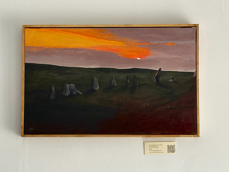 Oil painting of ancient standing stones on a moor during a vibrant orange sunset in a wooden frame.
