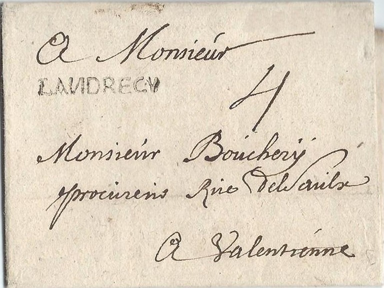 1717, lettre de LANDRECIES pour VALENCIENNES taxée à 4 patars.