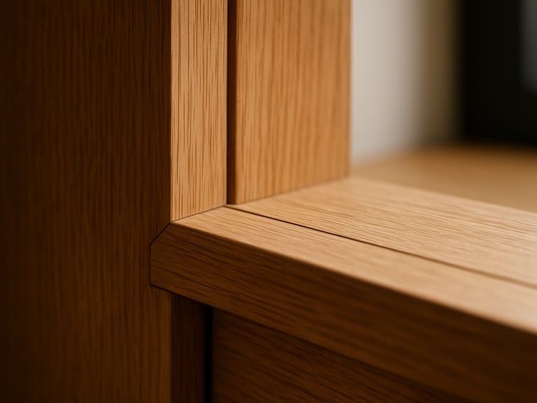 Macro close-up architectural shot of precise custom woodwork joinery, warm oak tones, sharp focus, clean vertical lines, 35mm.