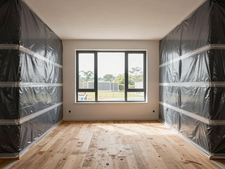 Straight-on architectural photography of a clean, organized residential construction site with heavy-duty plastic dust-barrier protection neatly taped, bright daylight, 35mm.