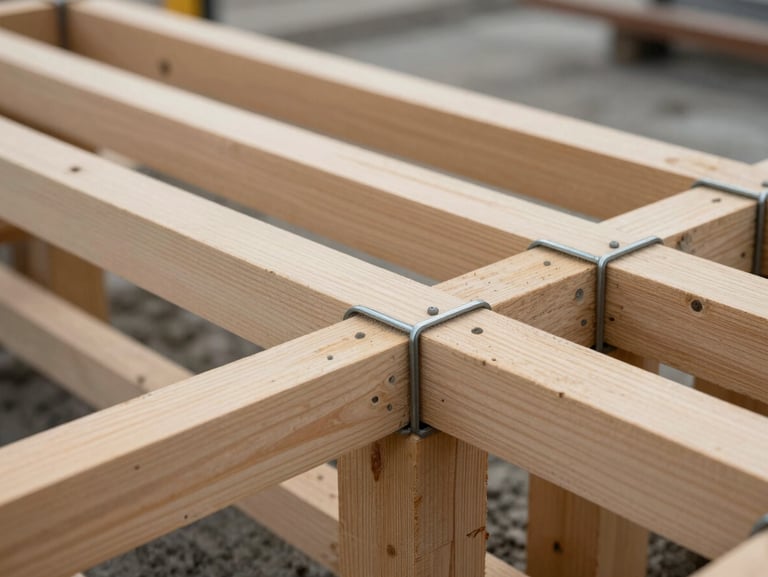 Extreme close-up of precise timber formwork before a concrete pour, perfectly aligned steel ties, sharp geometric lines under overcast daylight.
