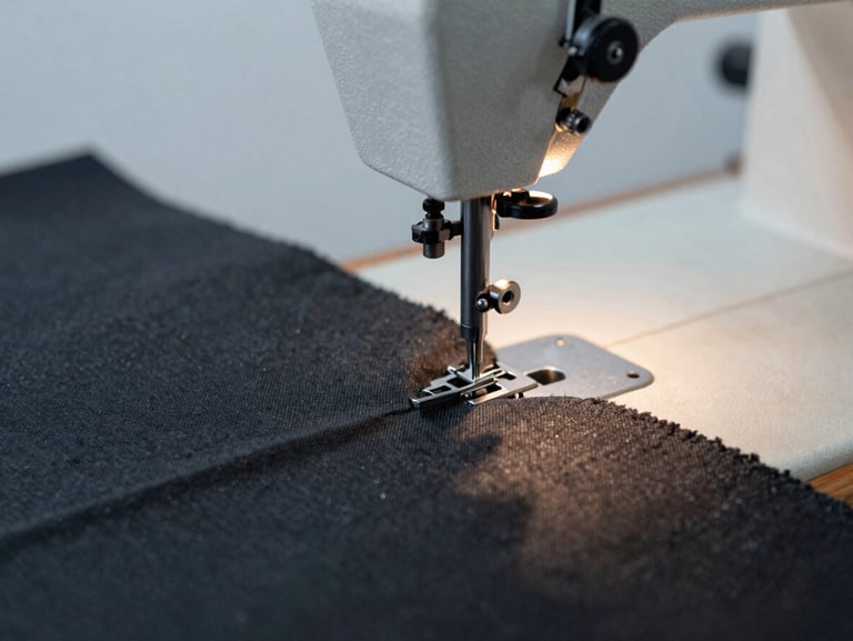 Macro close-up of industrial sewing machine stitching a heavy charcoal fabric roll, clean warm studio lighting, sharp textile textures, 35mm photography.