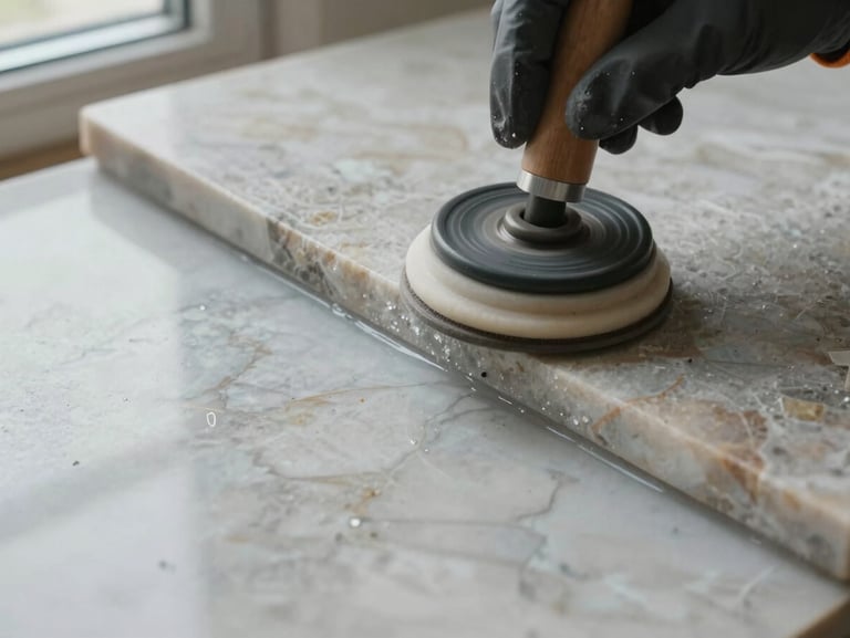 Extreme close-up of a marble floor surface being crystallized — a gloved hand holding a rotary pad applicator, before-treatment dull stone visible at the top edge, treated glossy stone emerging at the bottom edge, cool daylight from a side window, documentary overhead angle