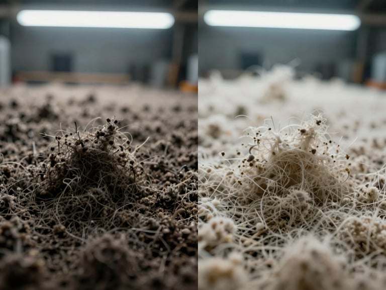 Close-up of industrial carpet fibers under cool fluorescent shop lighting — left half showing heavily soiled matted pile, right half showing restored lifted fibers after specialist extraction treatment, split-frame documentation style, no people