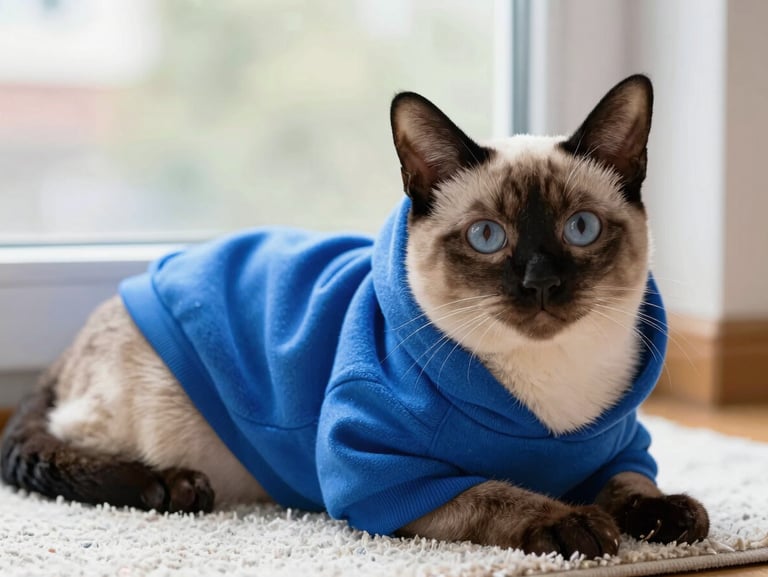 Sleek Siamese cat wearing a royal blue cozy hoodie, resting comfortably on a soft rug near a window, gentle indoor light