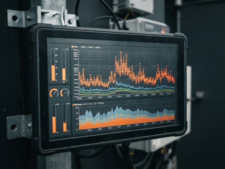 A high-fidelity software dashboard interface displaying real-time particulate matter graphs down to 0.1 microns, dark slate background with sharp safety orange alert indicators, crisp overcast studio lighting, 35mm macro capture