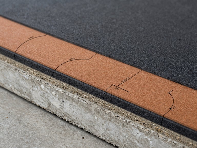 Technical cross-section diagram of multi-layer rubber flooring, showing concrete base, SBR shock-absorbing layer, and colored SBR top wear layer with precise technical annotations.