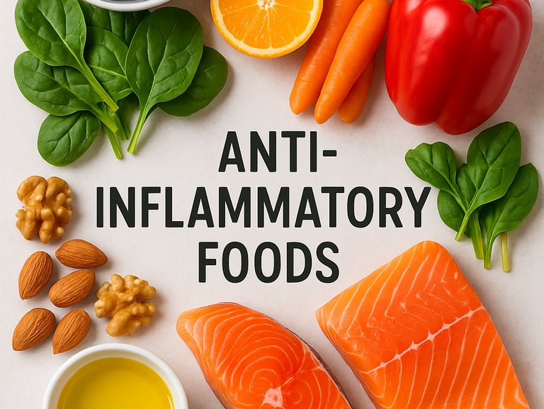 Colorful anti-inflammatory foods including fruits, vegetables, salmon, and olive oil
