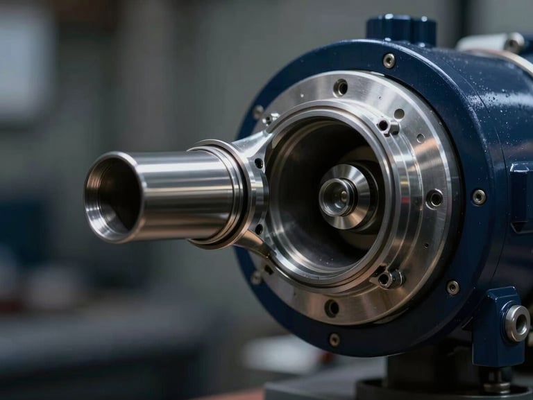 Extreme macro shot of a gas turbine fuel injector nozzle, clean technical precision, focused workshop spotlights, 35mm