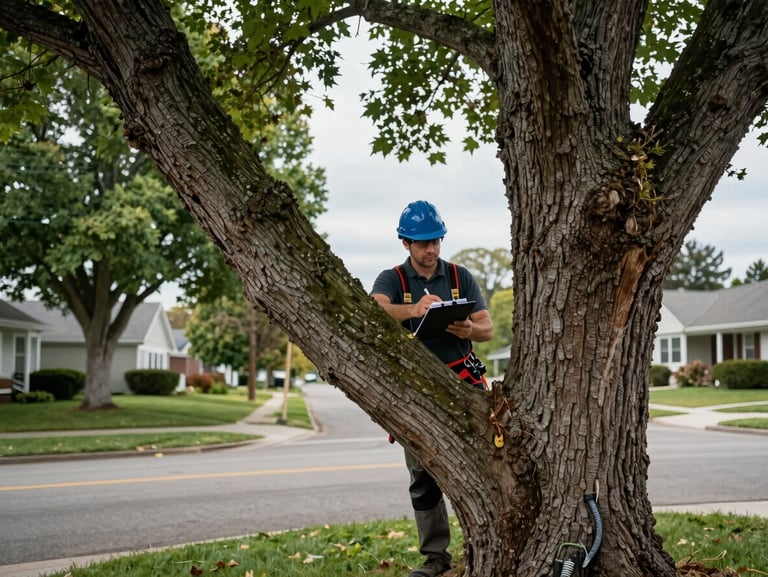 Arborist in hard hat examining a large tree fork at close range, notepad in hand, overcast daylight, suburban South Shore street visible in background with mature maple trees lining the road
