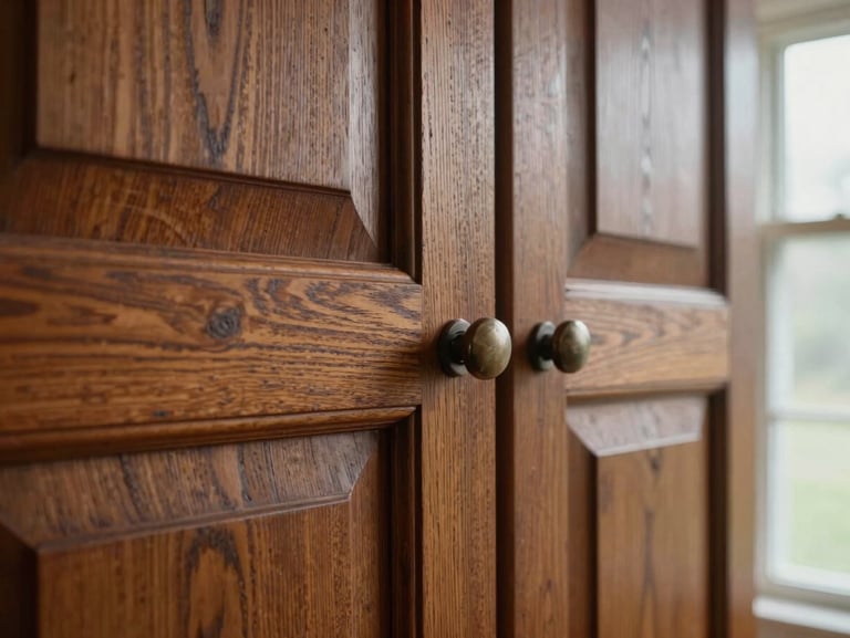 Macro close-up of restored heritage oak millwork in a historic Spokane estate, highlighting the deep, warm wood grain and flawless satin finish under soft, side-lit window light.