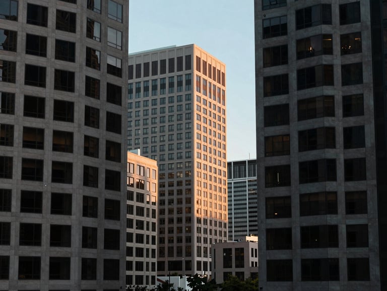 Architectural shot of Washington D.C. office buildings under cool daylight, clean geometric lines, professional corporate editorial, 35mm