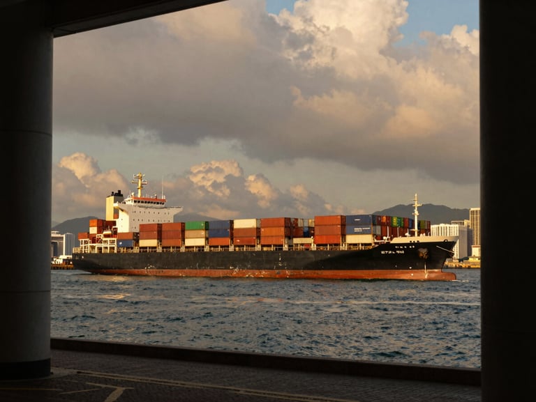 Cinematic editorial photography of Hong Kong harbor at golden hour, container ships docked under a dramatic sky, architectural framing, 35mm