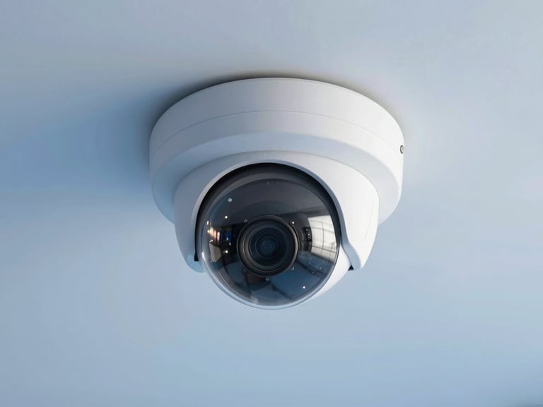 Sleek white dome security camera mounted on a clean ceiling, soft technical blue lighting, sharp focus, professional setup