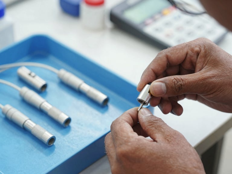 A close-up of a professional fiber optic splice closure being neatly organized by a technician in bright daylight, Savar area background