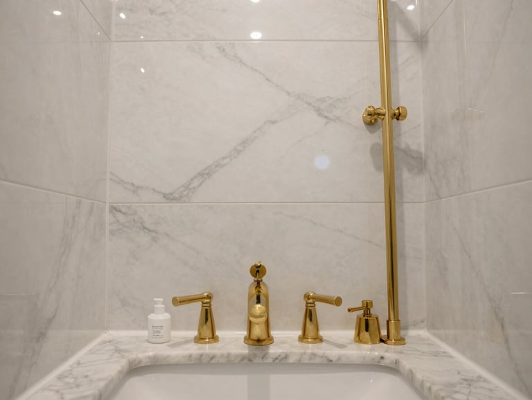 Straight-on architectural elevation of a luxury bathroom with custom marble tile work and gold fixtures.
