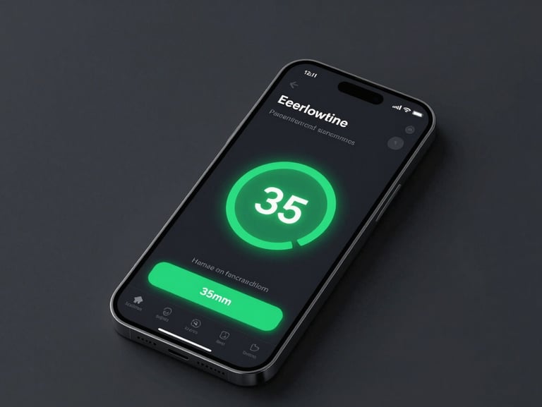 Sleek e-commerce interface on a mobile phone screen, high-contrast dark mode UI, neon green performance score badge visible, sharp technical focus, 35mm
