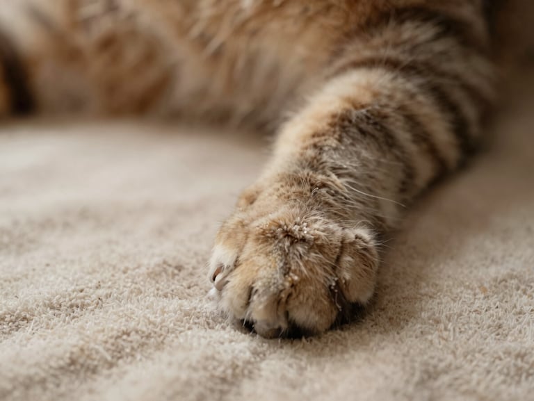 Macro detail of a cat's paw resting calmly on a soft oatmeal-colored blanket, warm natural lighting, shallow depth of field