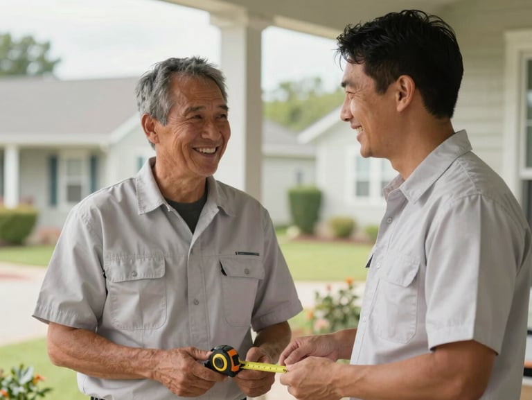 A warm, natural daylight photo of two friendly team members in clean work shirts smiling on a residential porch, holding a measuring tape, soft residential background.