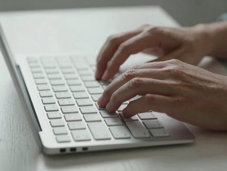 Macro close-up of hands typing on a modern aluminum keyboard on a clean white oak desk, cool diffused morning light casting soft shadows.