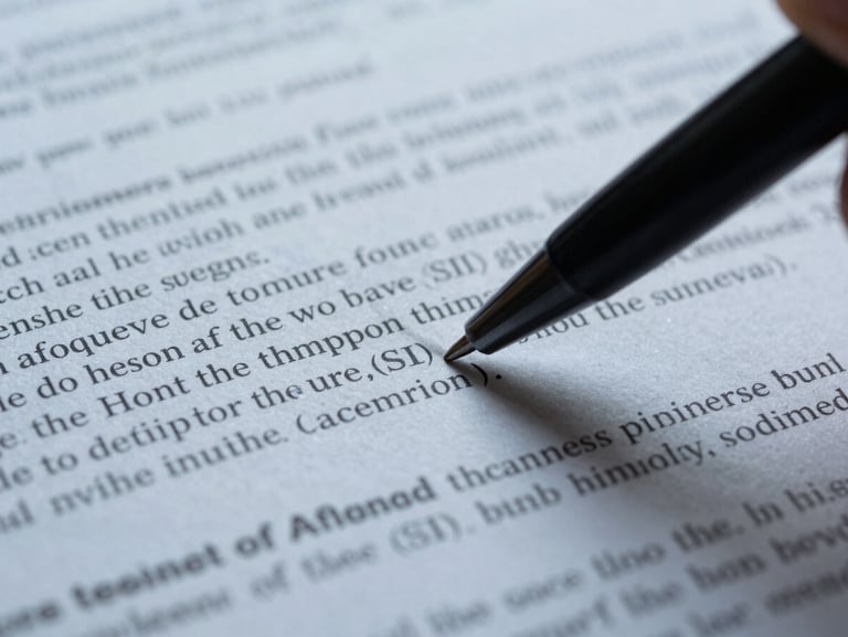 Macro close-up of a printed SII document with dense regulation text, a black pen pointing at a specific line, cool diffused daylight from above, no people visible