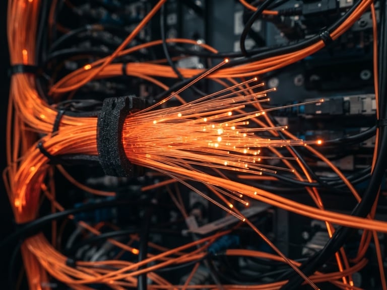 Macro shot of glowing orange fiber-optic cable transmitting light pulses, high-contrast dark background