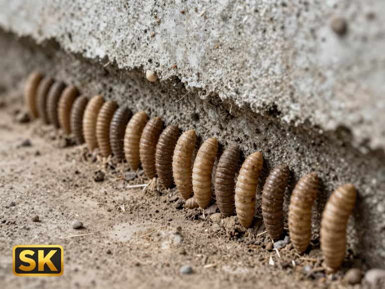 High-contrast clinical photo of subterranean termite mud tubes running along a concrete foundation wall, sharp focus.