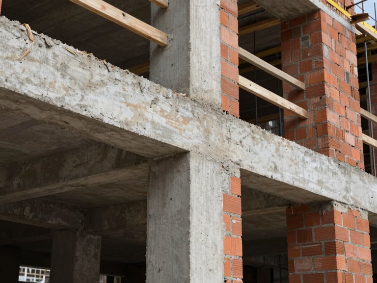 Raw structural masonry on an active construction site, exposed concrete beams and red brick walls, high-contrast natural light.